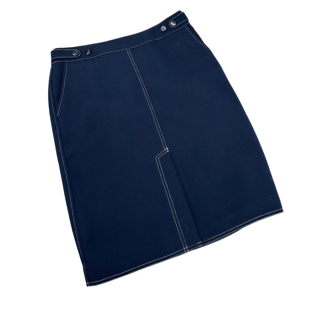 Ann Taylor Factory Petite Navy Blue Contrast Stitch Pencil Skirt 6P Pocket Front